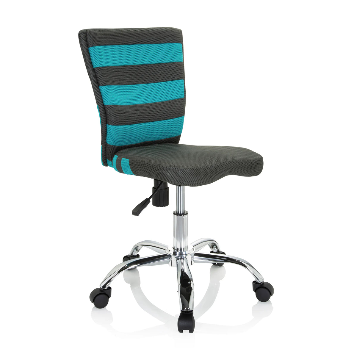 Grey KIDDY COMFORT I swivel chair for children with turquoise stripes in the mesh back and a five-caster base by hjh OFFICE – 360-degree view (front three-quarter view 40°)