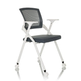 Grey Folding chair PRIORITY II W with mesh back, armrests and castors by hjh OFFICE – 360-degree view (front three-quarter view 45°)