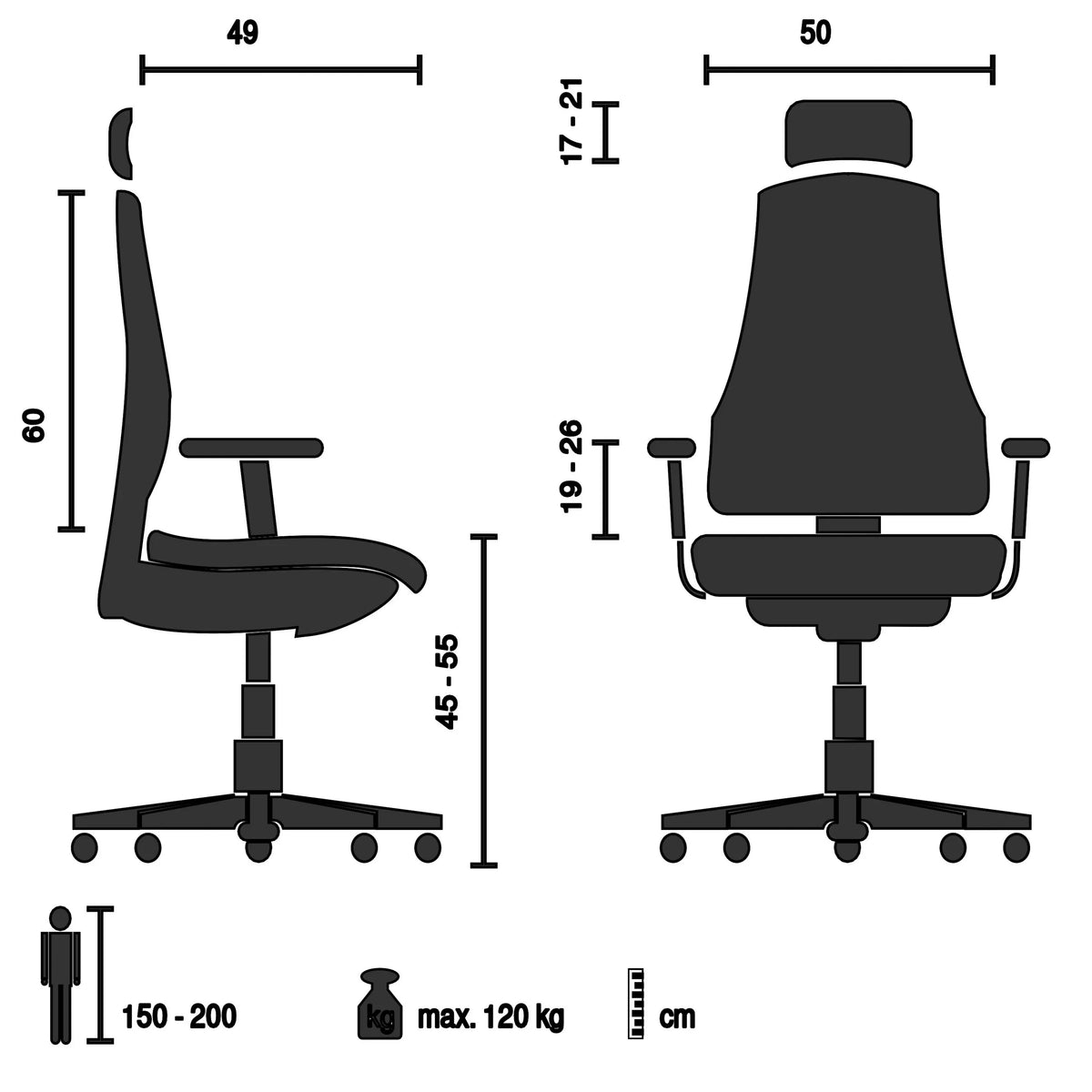 Technische Zeichnung des High-End-Bürostuhls SPINIO ELITE L mit einer maximalen Belastbarkeit von 120 kg von hjh OFFICE