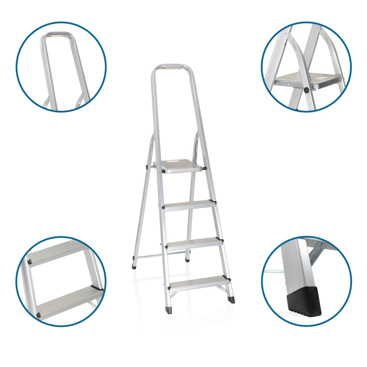 Aluminium Folding Ladder SOLID II with four steps, handrail and non-slip feet by hjh OFFICE