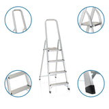 Aluminium Folding Ladder SOLID II with four steps, handrail and non-slip feet by hjh OFFICE