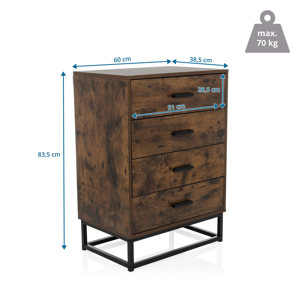 Dimensional drawing of the Chest of drawers VINSTRA with 60 × 83.5 cm and a maximum load of 70 kg by hjh LIVING