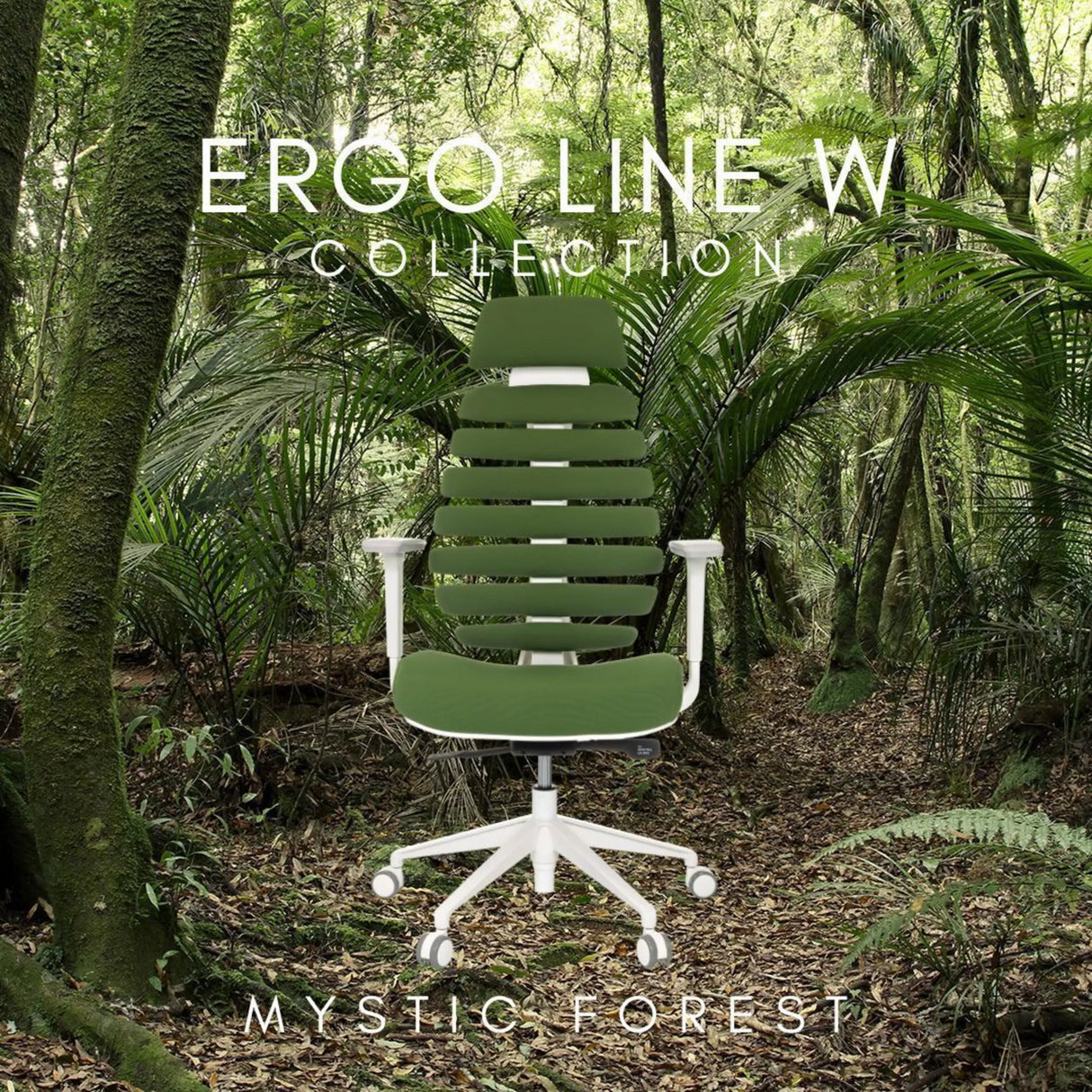 Professional Office Chair ERGO LINE W with green fabric upholstery and a white base against a forest background by hjh OFFICE