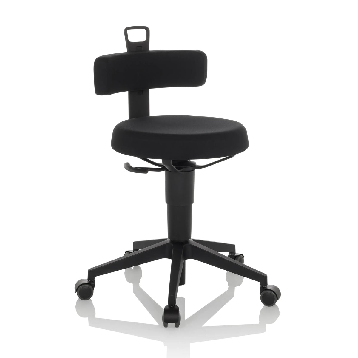 Black Swivel stool TOP WORK FLEX with backrest, handle and five-caster base by hjh OFFICE – 360-degree view (front three-quarter view 30°)