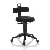 Black Swivel stool TOP WORK FLEX with backrest, handle and five-caster base by hjh OFFICE – 360-degree view (front three-quarter view 30°)