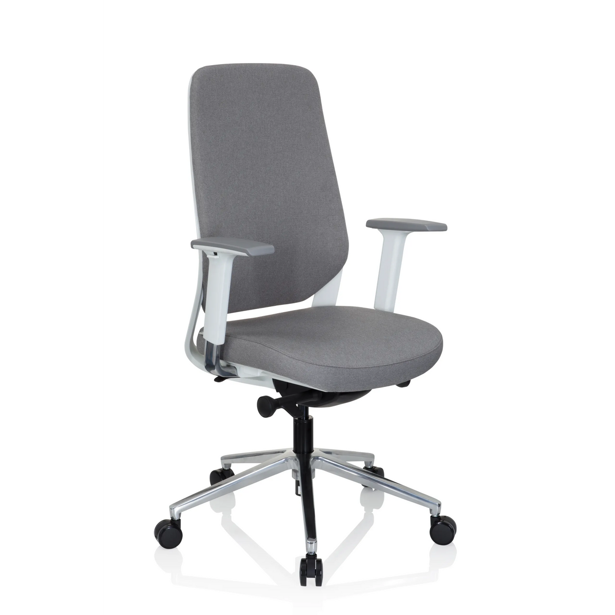 Grey Professional Office Chair CHIARO T4 WHITE with armrests and a five-caster base by hjh OFFICE – 360-degree view (front three-quarter view 40°)