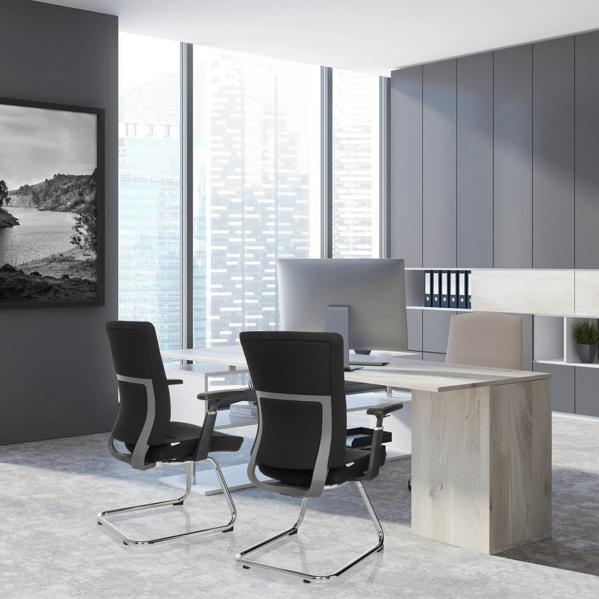 Two black CAPTIVO PRO V cantilever chairs with armrests and metal frame by hjh OFFICE