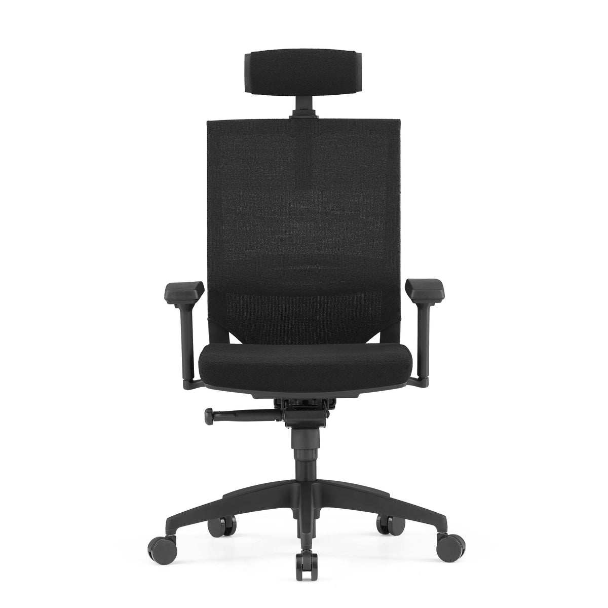 Black professional office chair PORTO MAX HIGH I with mesh back, headrest and five-caster base by hjh OFFICE – 360-degree view (front view 0°)