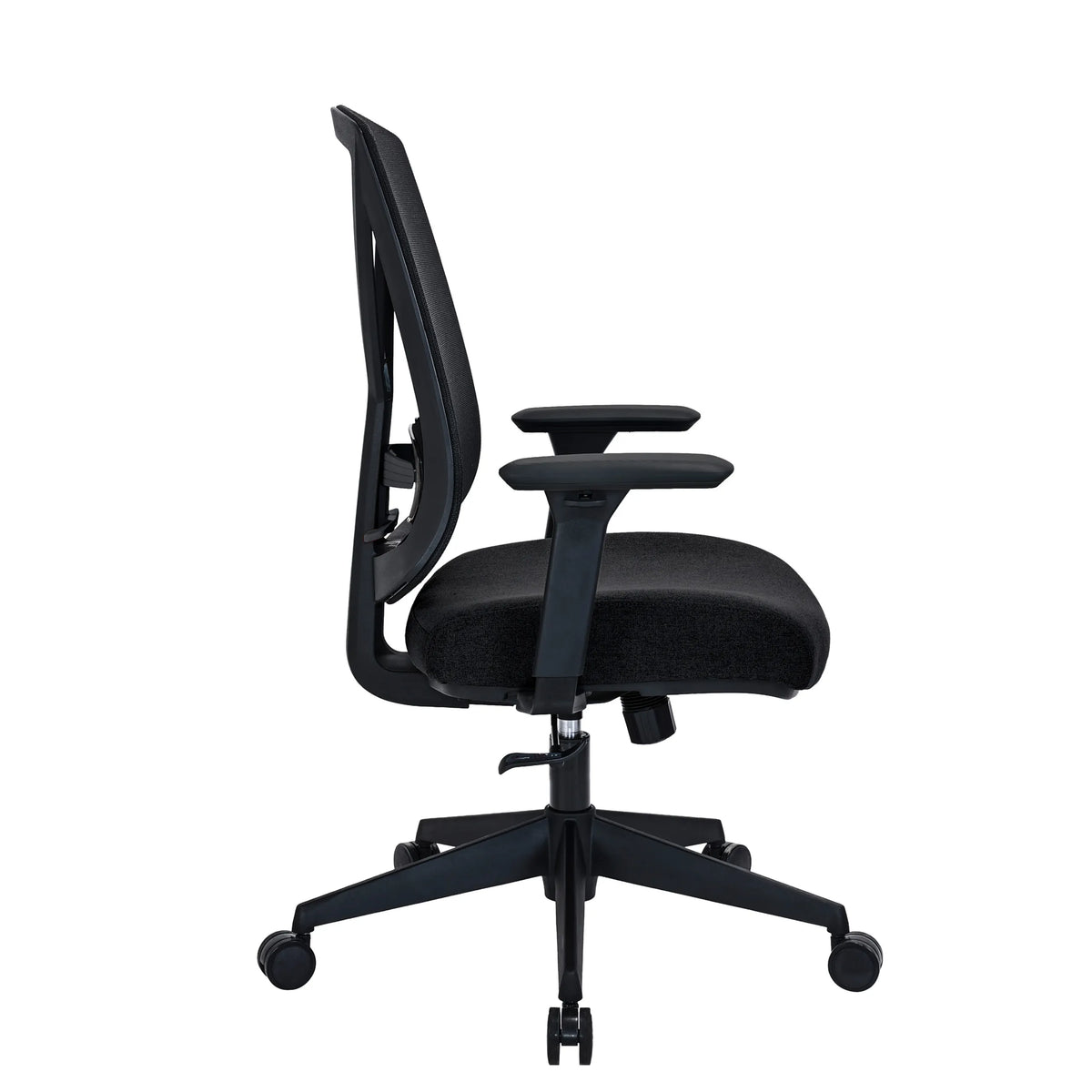 Side view of the Professional Office Chair Mirou in black with armrests and castor base by hjh OFFICE