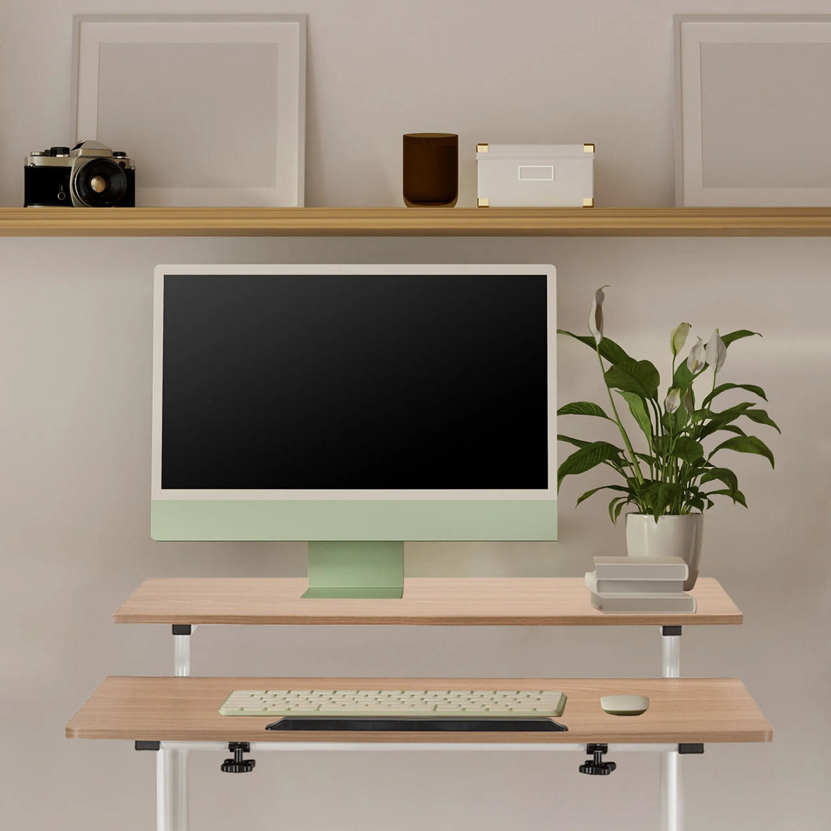 Standing desk WORKSTATION I in white and oak with two levels, keyboard and monitor by hjh OFFICE