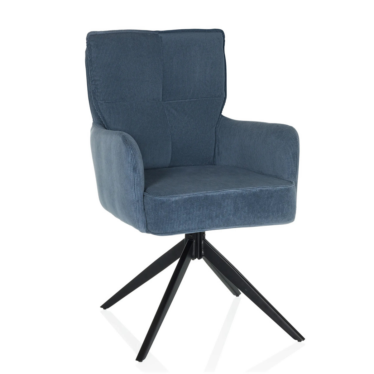 Blue upholstered chair TARUGO with corduroy cover and black four-leg frame by hjh LIVING – 360-degree view (front view 15°)