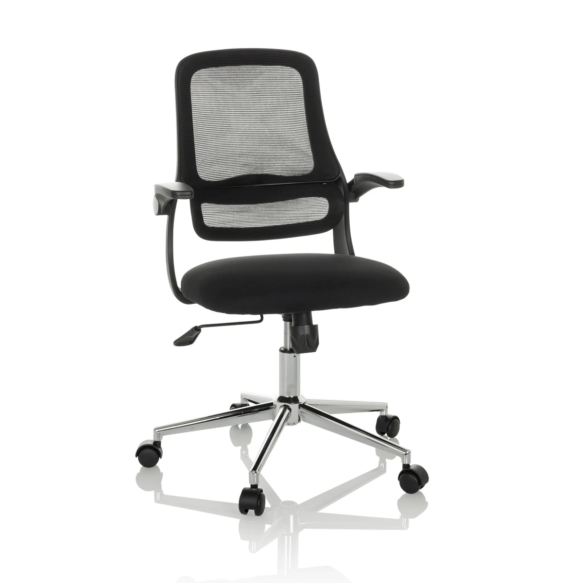 Black Home Office Chair MIKO B ECO with mesh back and five-caster base by hjh OFFICE – 360-degree view (front view 15°)