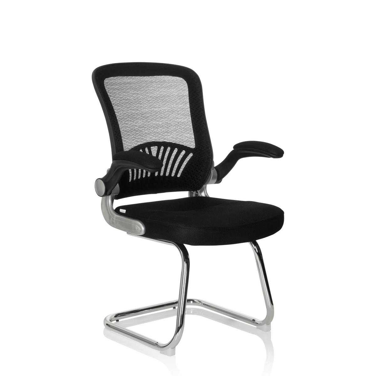 Black Cantilever chair FLYER PRO V with mesh back, armrests and sled base by hjh OFFICE – 360-degree view (front three-quarter view 40°)