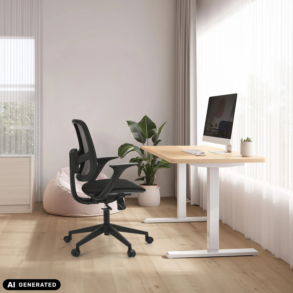 Home Office Chair Malio in black at a height-adjustable desk by hjh OFFICE (AI-generated image)
