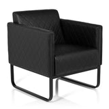 Black upholstered armchair ARUBA BLACK with diamond stitching and sled base by hjh OFFICE – 360-degree view (front three-quarter view 40°)