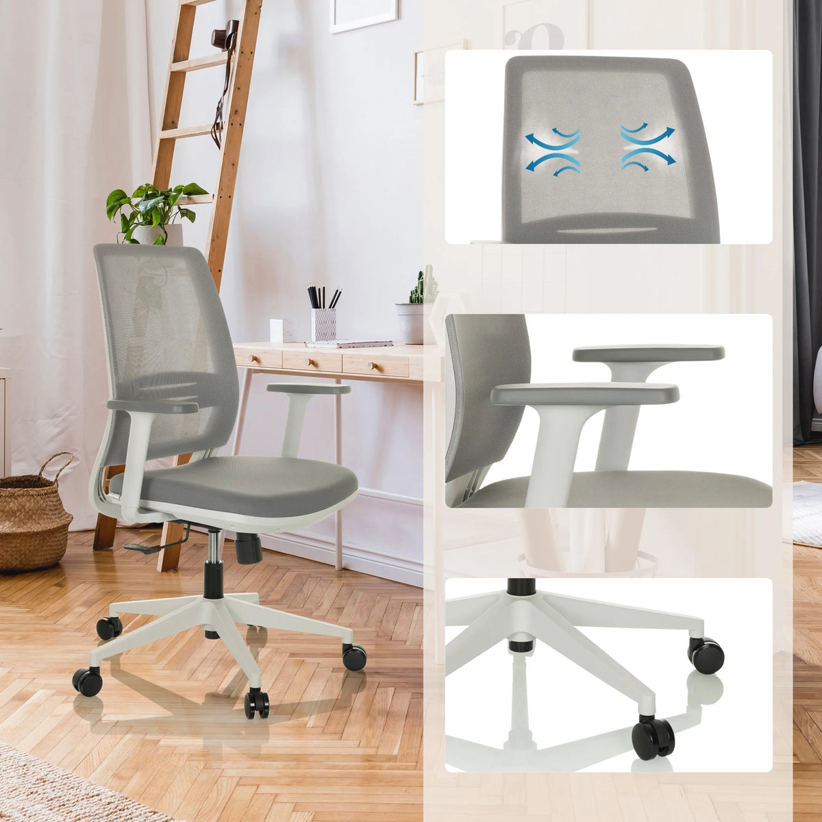 Grey Home Office Chair PROFONDO ECO W with mesh back, armrests and white base by hjh OFFICE