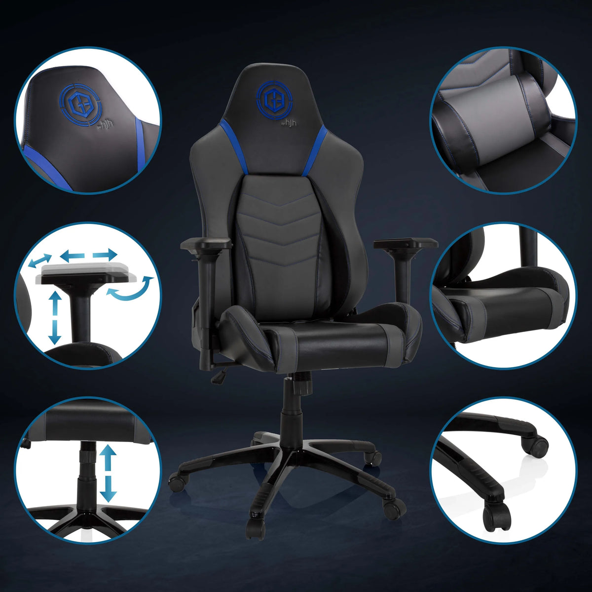 Gaming chair GAMEBREAKER POLARYS I in grey-blue with detailed views of armrests, gas lift and castors by hjh OFFICE