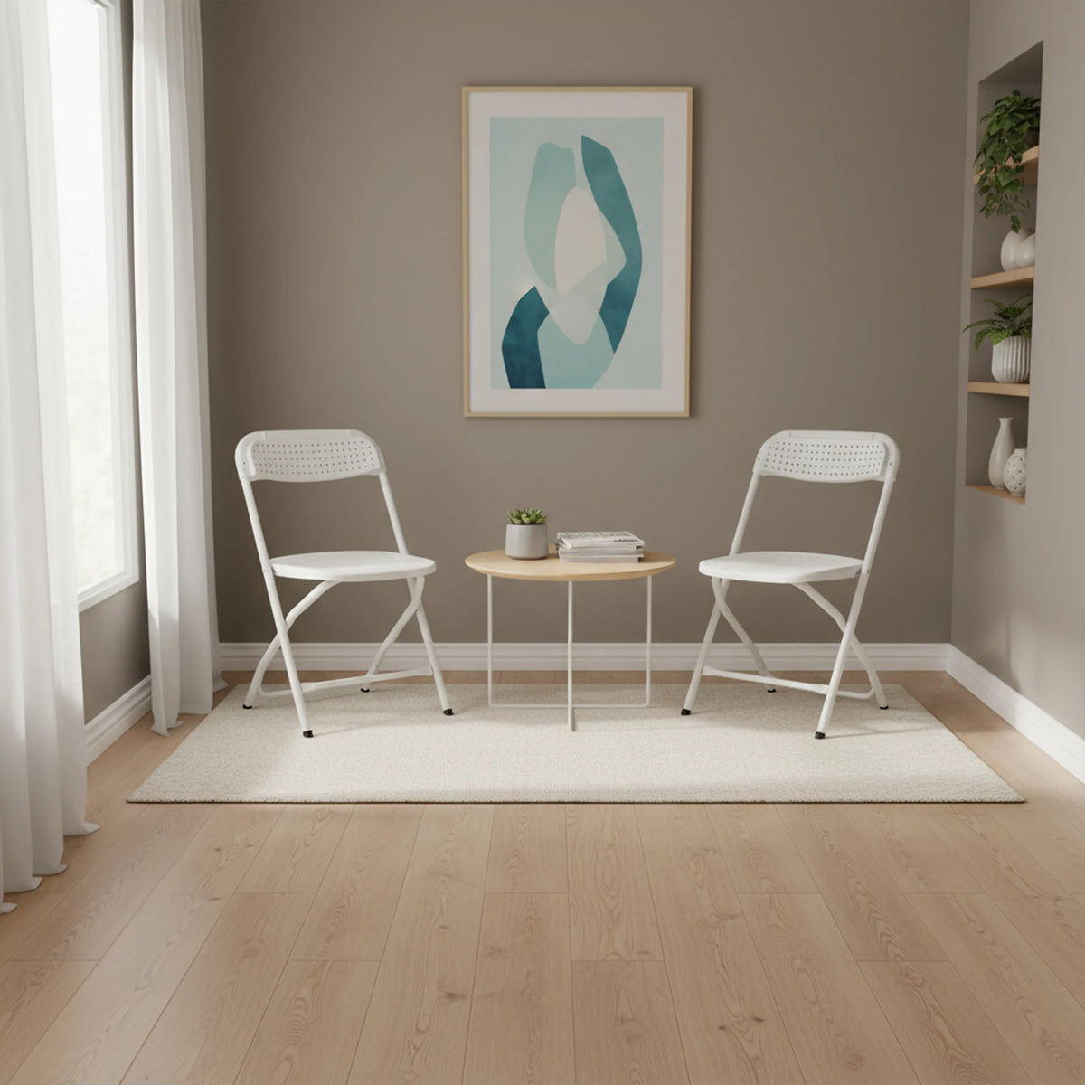 Two white TUDELA XXL PRO W outdoor chairs with a round side table in a modernly furnished room by hjh OFFICE