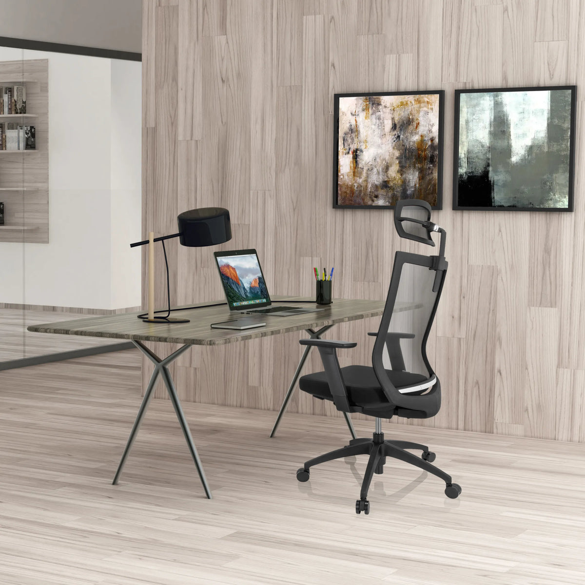Black Professional Office Chair ASPEN PRO with mesh backrest and headrest at a desk by hjh OFFICE
