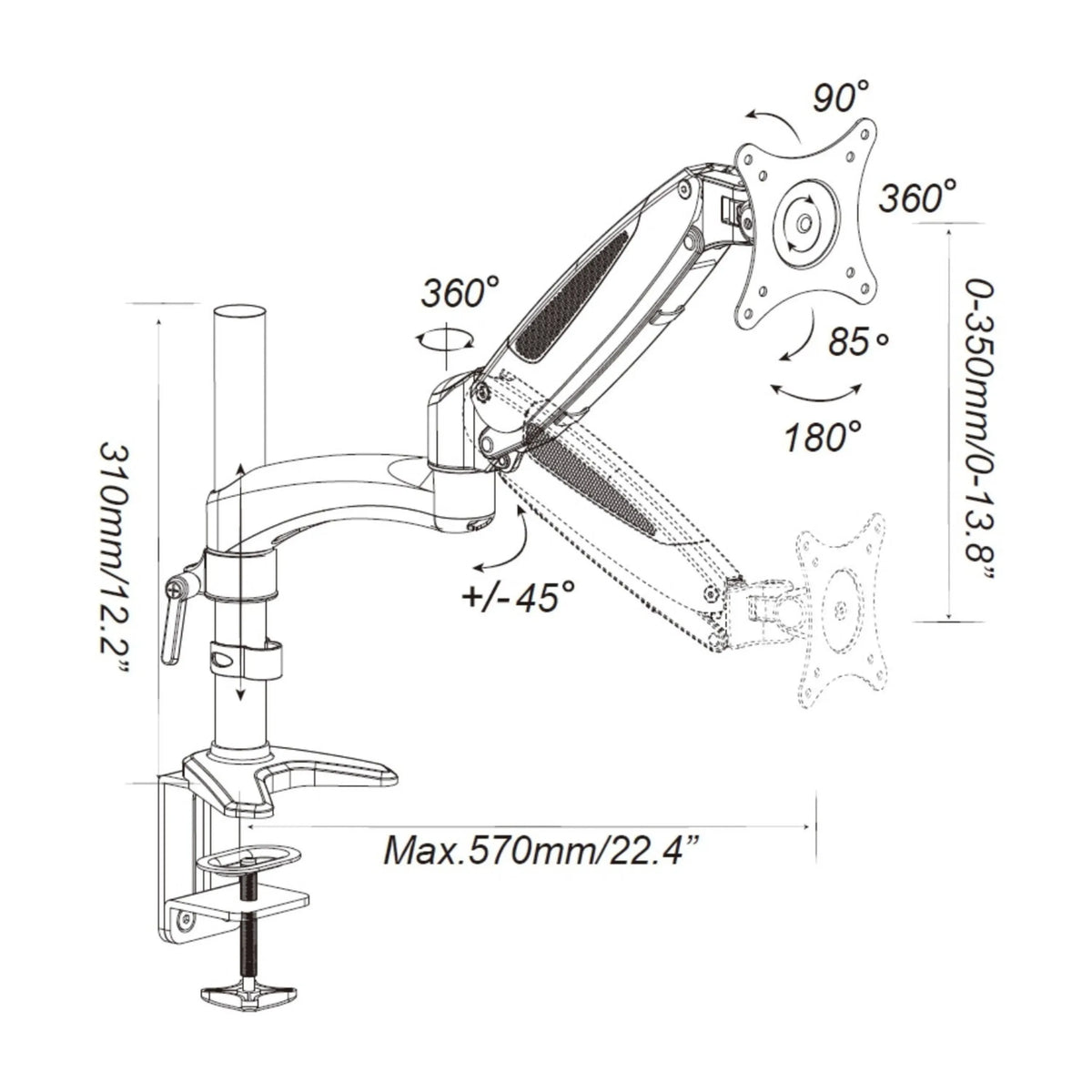 Technical drawing of the Monitor Mount VM-MG1 with a maximum depth of 570 mm by hjh OFFICE