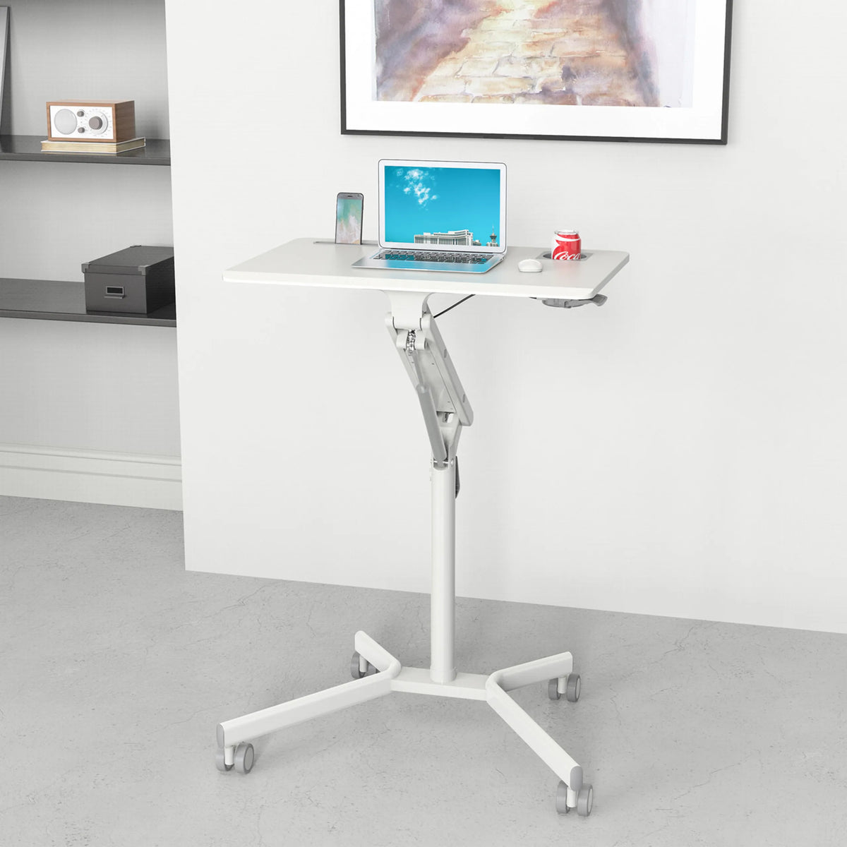 White standing desk STAND VM-SU I with height-adjustable frame and caster base by hjh OFFICE