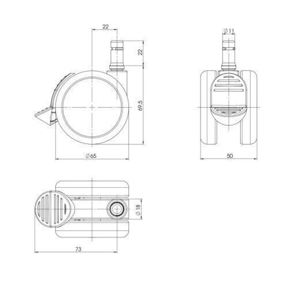 Technical drawing of the Castors 5x ROLO STOP 11mm/65mm with a diameter of 65 mm by hjh OFFICE