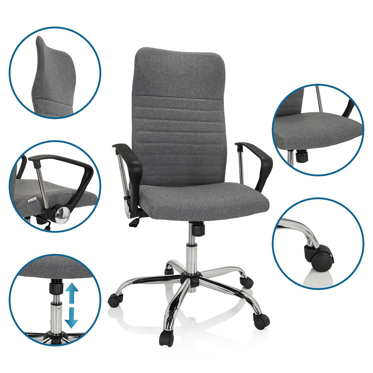 Grey Home Office Chair ARTON 40 with detailed views of the backrest, armrests, gas lift and castors by hjh OFFICE