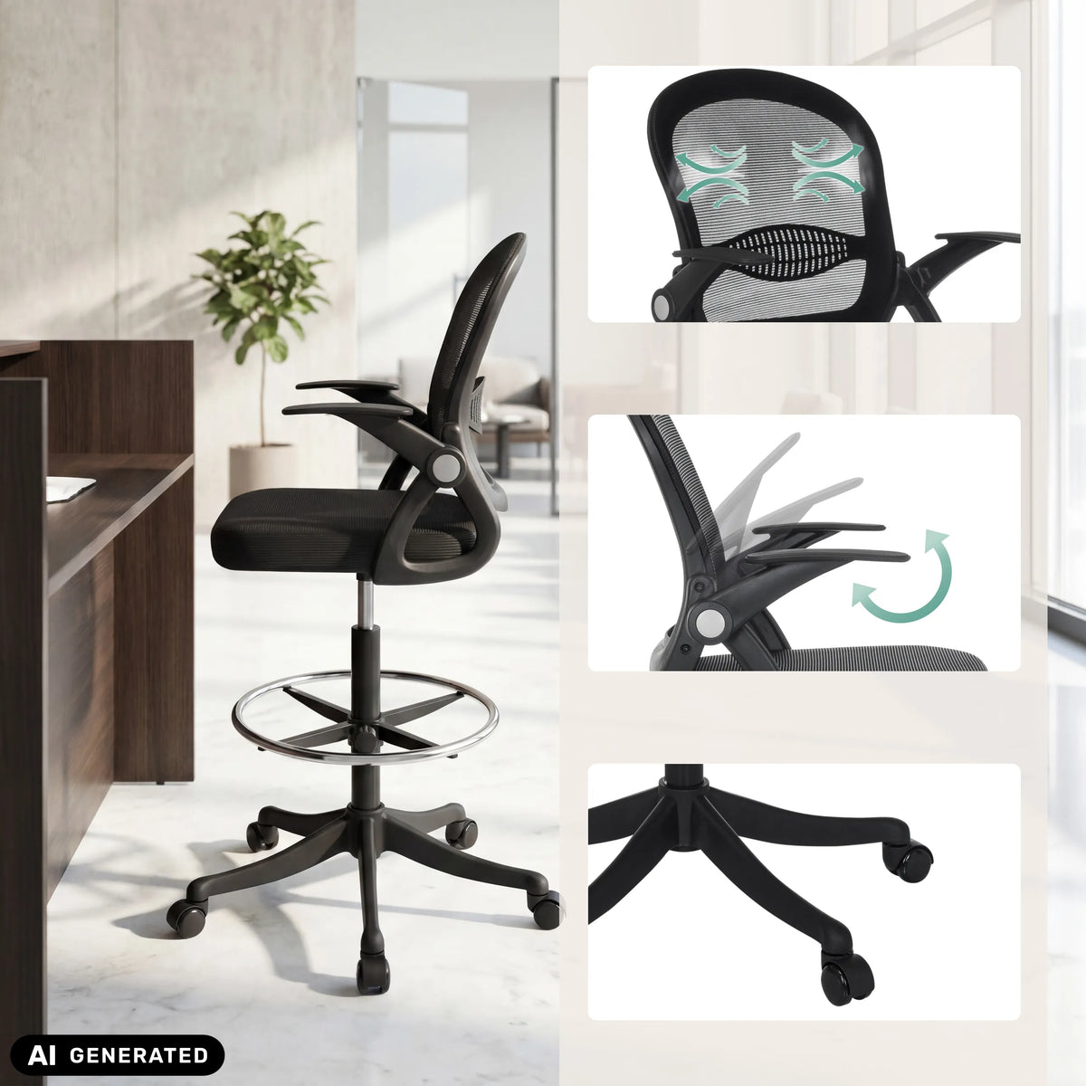 Counter chair Naluro Work in black with mesh back, adjustable armrests and foot ring by hjh OFFICE (AI-generated image)
