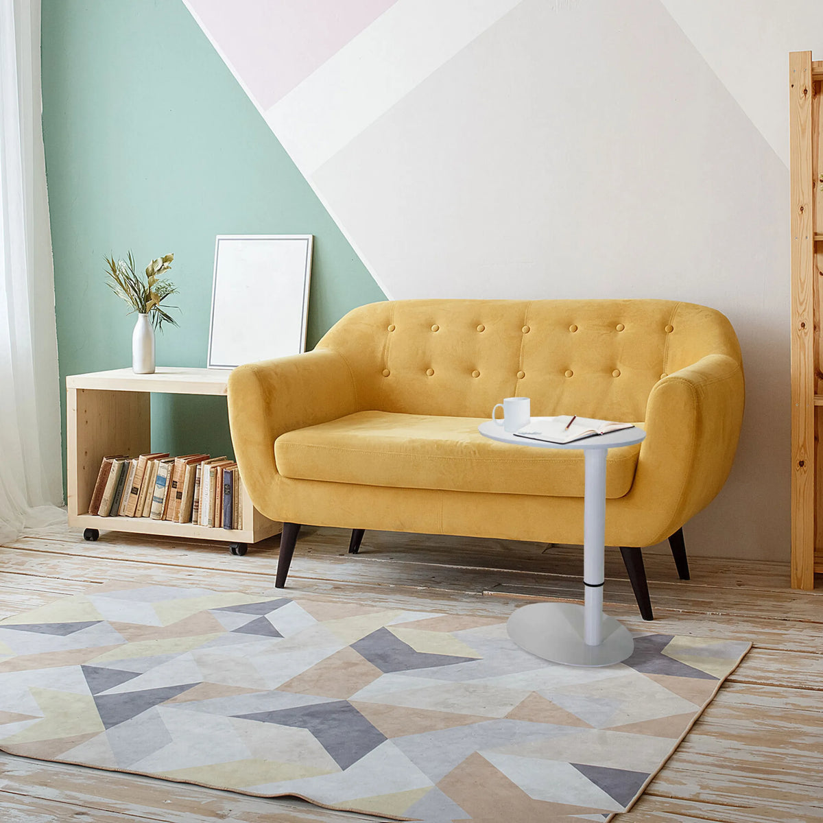 White standing desk STAND III as a small side table in front of a yellow sofa by hjh OFFICE