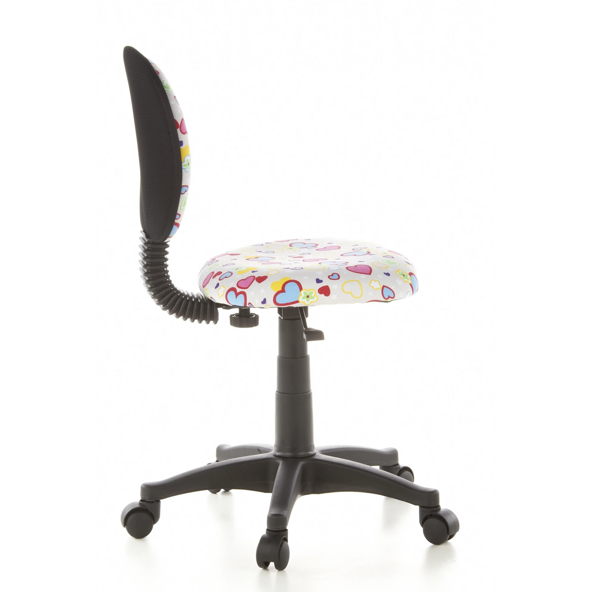 Swivel Chair – Children KIDDY TOP with colourful heart and flower pattern and five-caster base by hjh OFFICE – 360-degree view (side profile 100°)