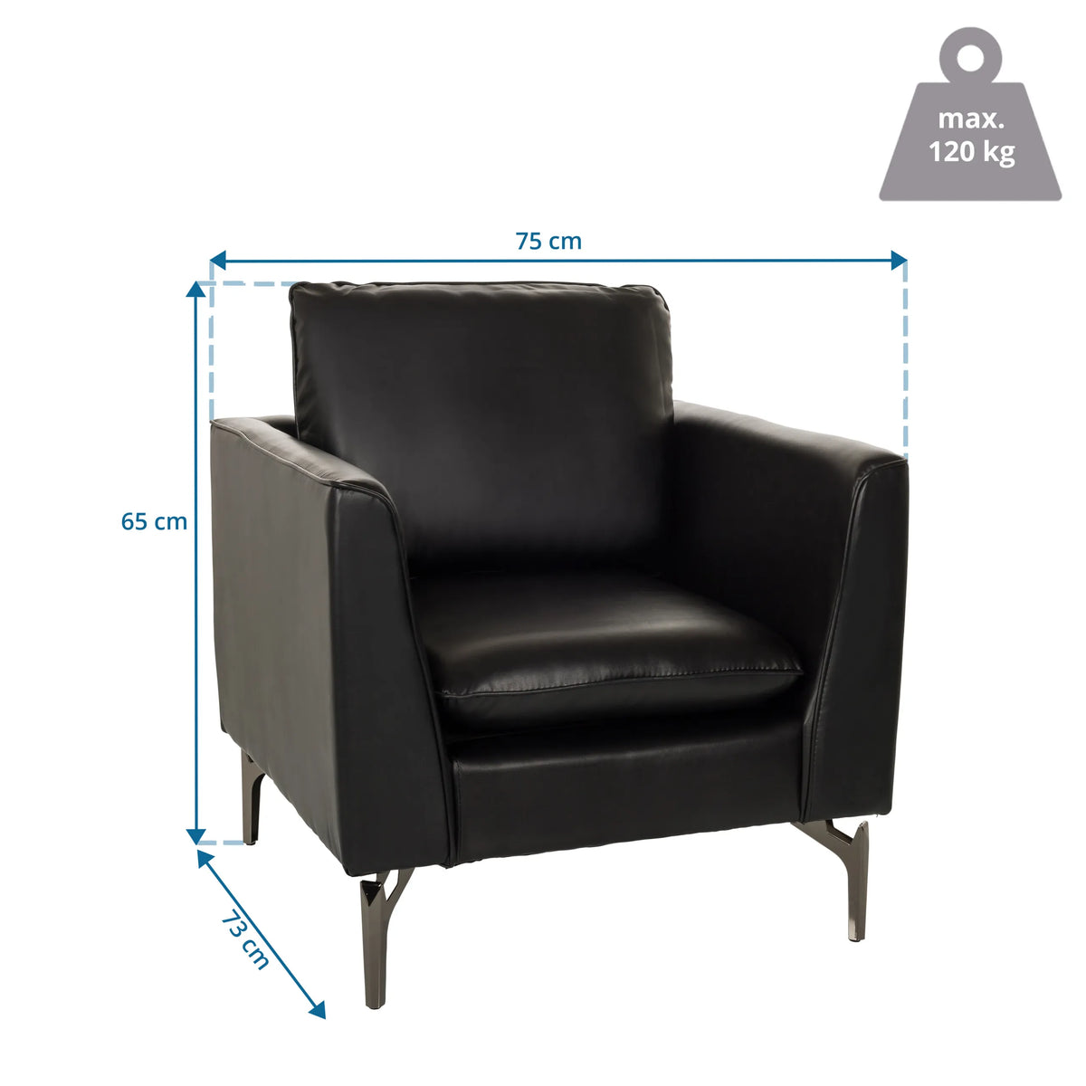 Dimensional drawing of the Lounge Chair BAVERO with 75 x 65 cm and maximum load capacity of 120 kg by hjh OFFICE