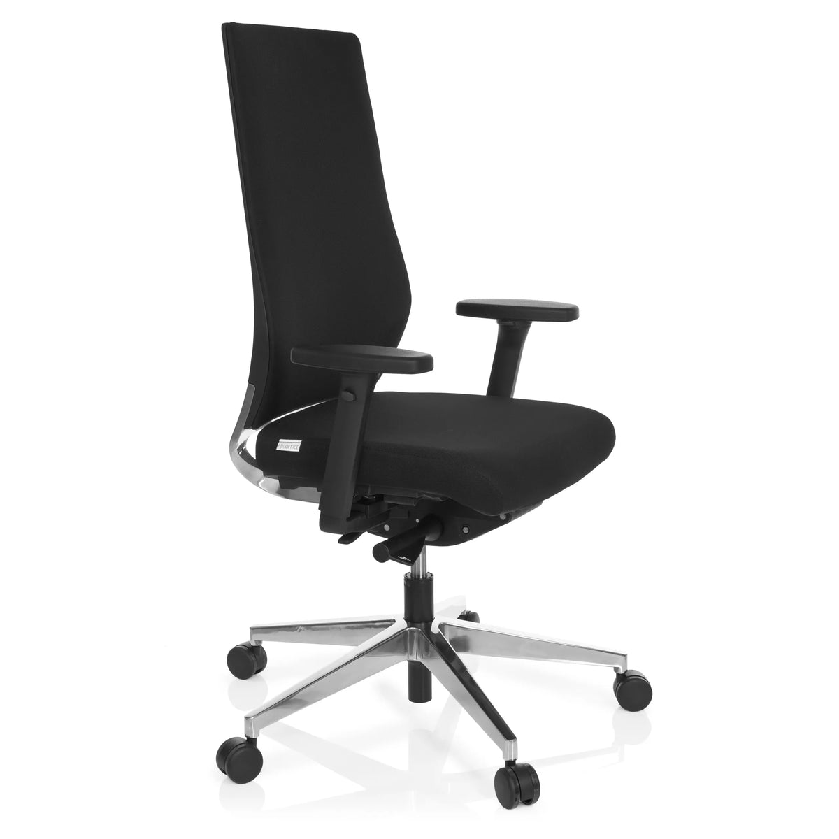 Black Professional Office Chair PRO-TEC 700 with armrests and glossy five-caster base by hjh OFFICE – 360-degree view (front three-quarter view 60°)
