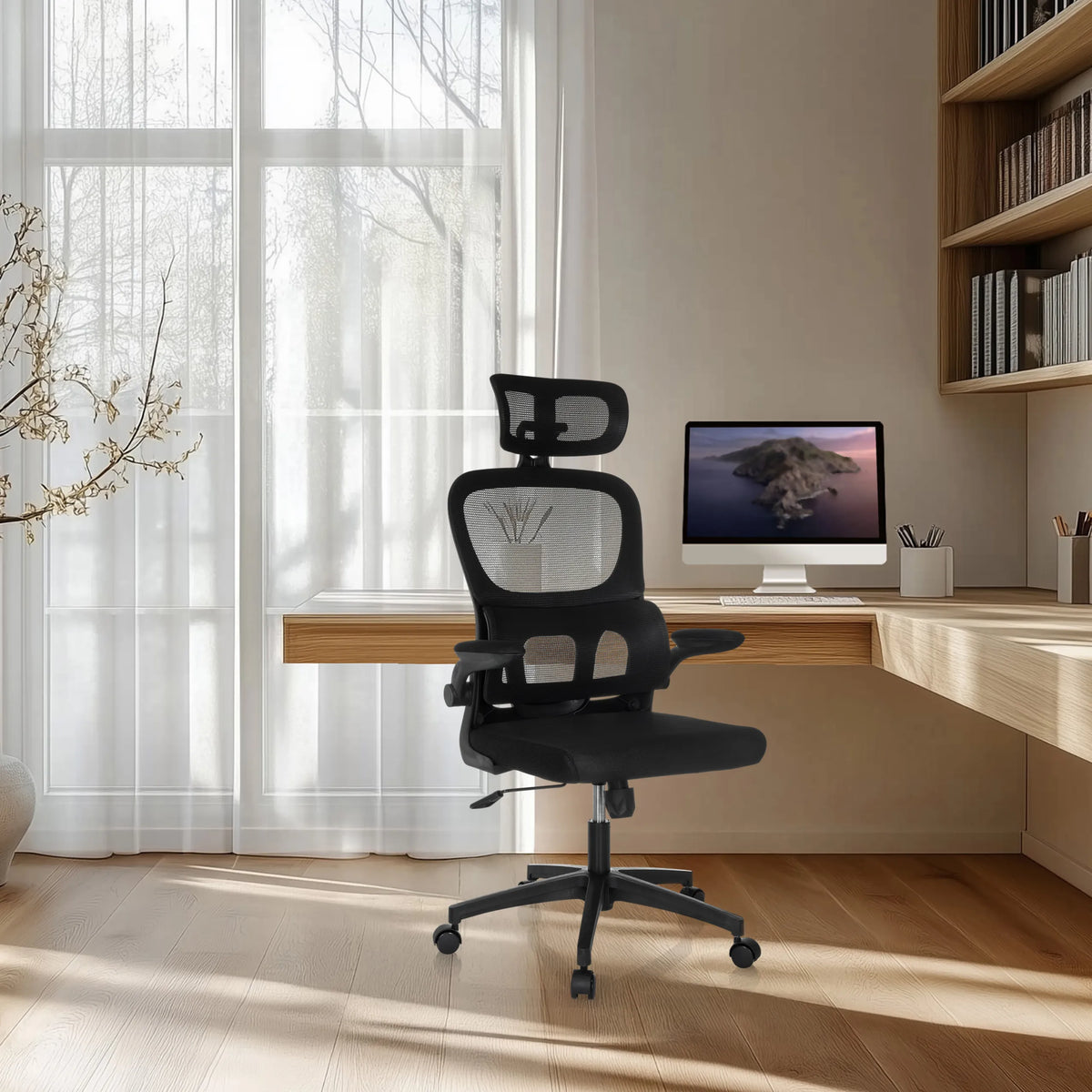 Black Home Office Chair ERGOMY FLEX with mesh backrest and headrest by MyBuero