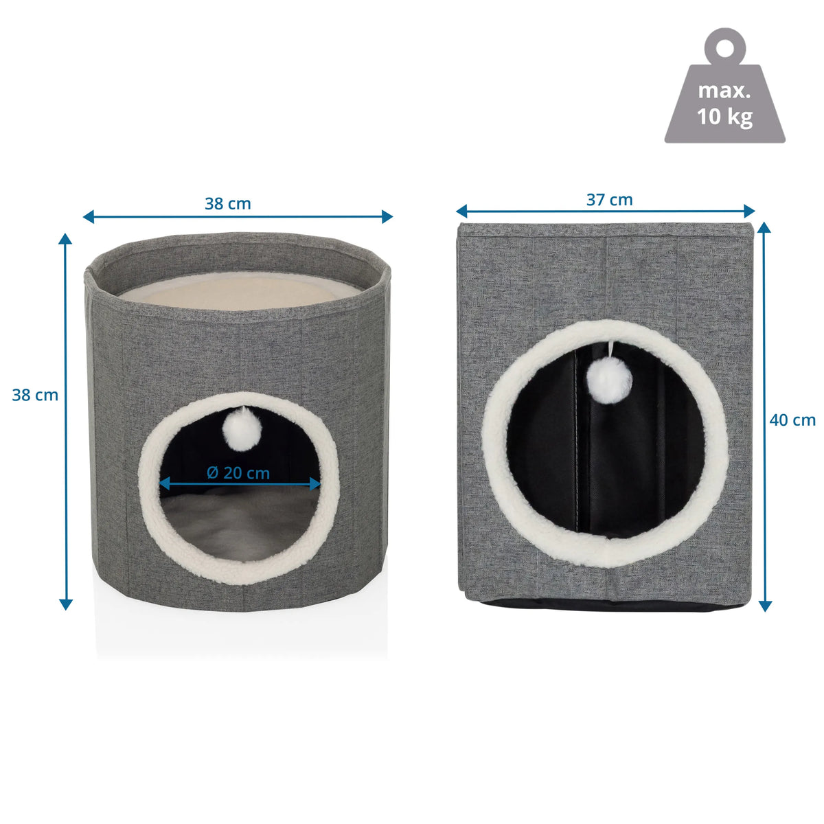 Dimensional drawing of the Cat cave PAWY R with 38 × 38 cm and maximum load capacity of 10 kg by hjh LIVING
