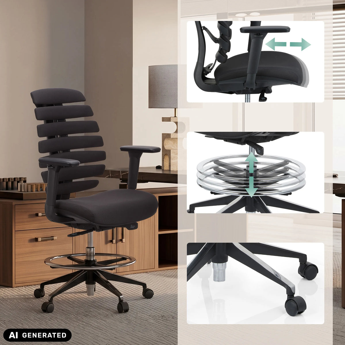 Adjustable armrests, foot ring and castors of the ERGO LINE II WORK counter chair in black by hjh OFFICE