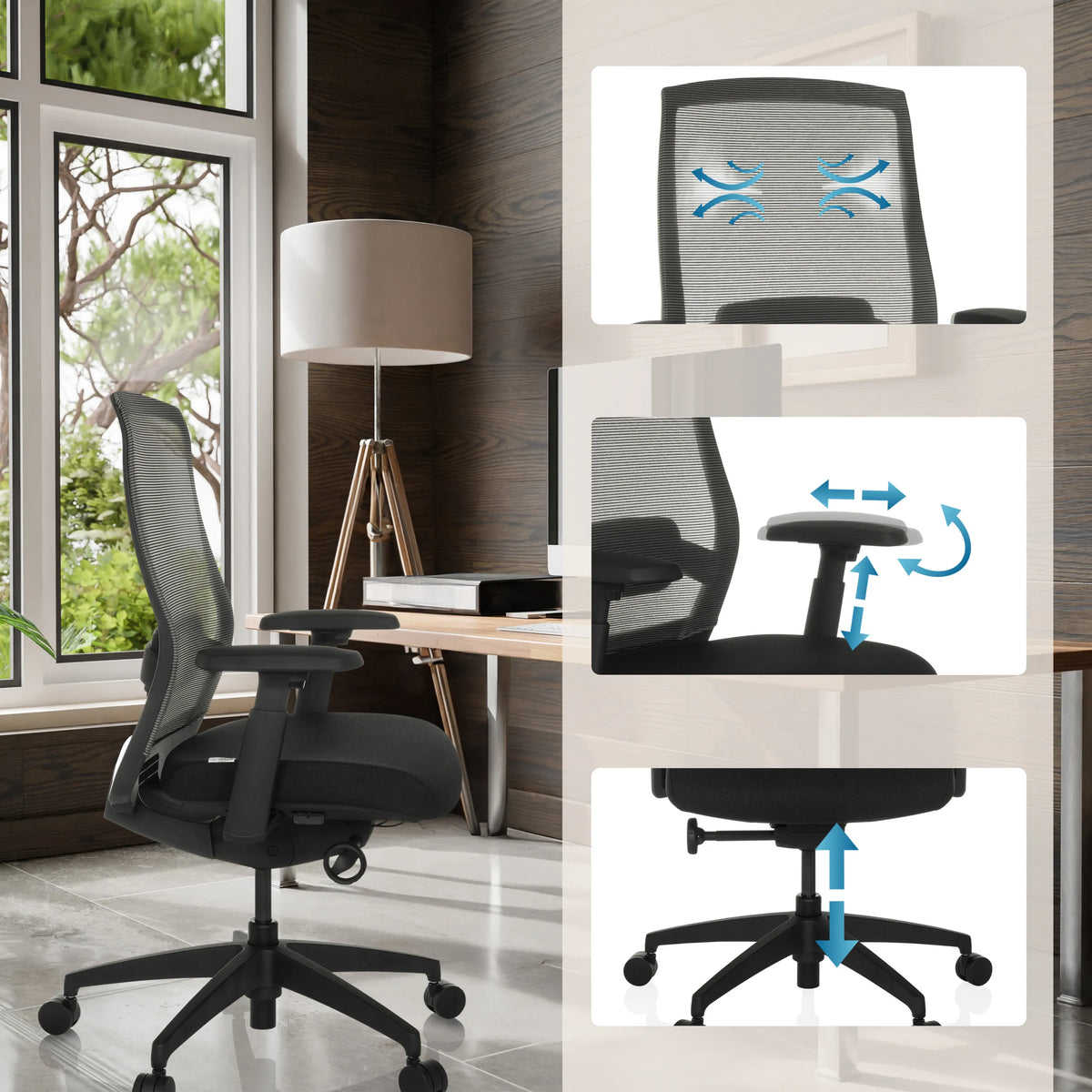 Adjustable armrests, mesh back and gas lift of the Professional Office Chair COLORE by hjh OFFICE
