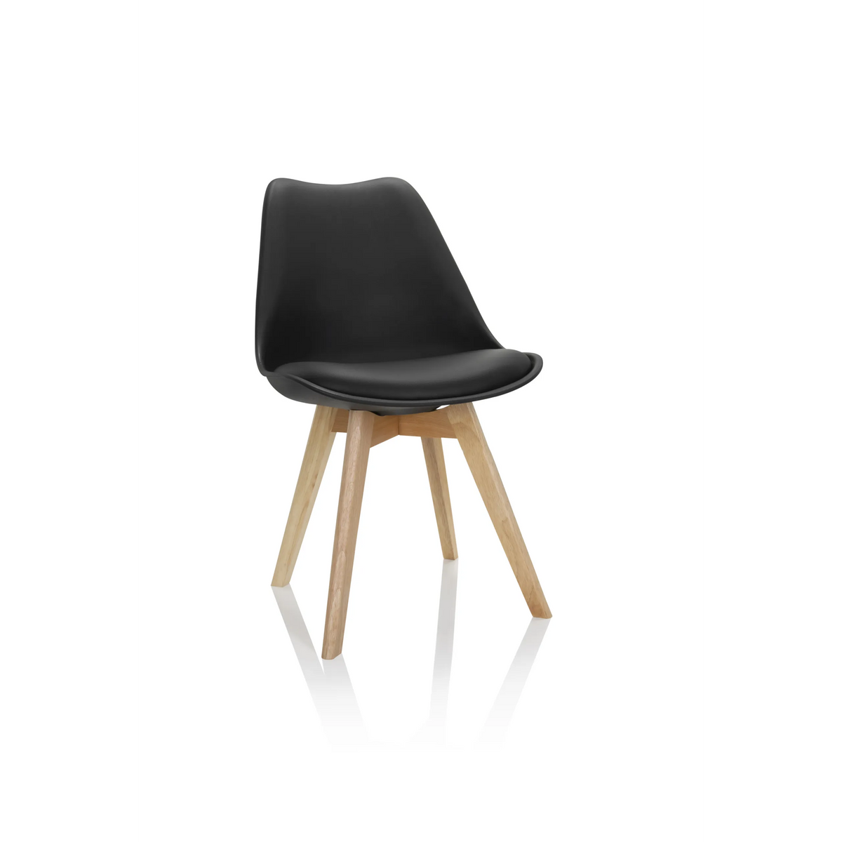Black Shell chair SCANDI 4 with four light wood legs by hjh OFFICE – 360-degree view (front view 20°)