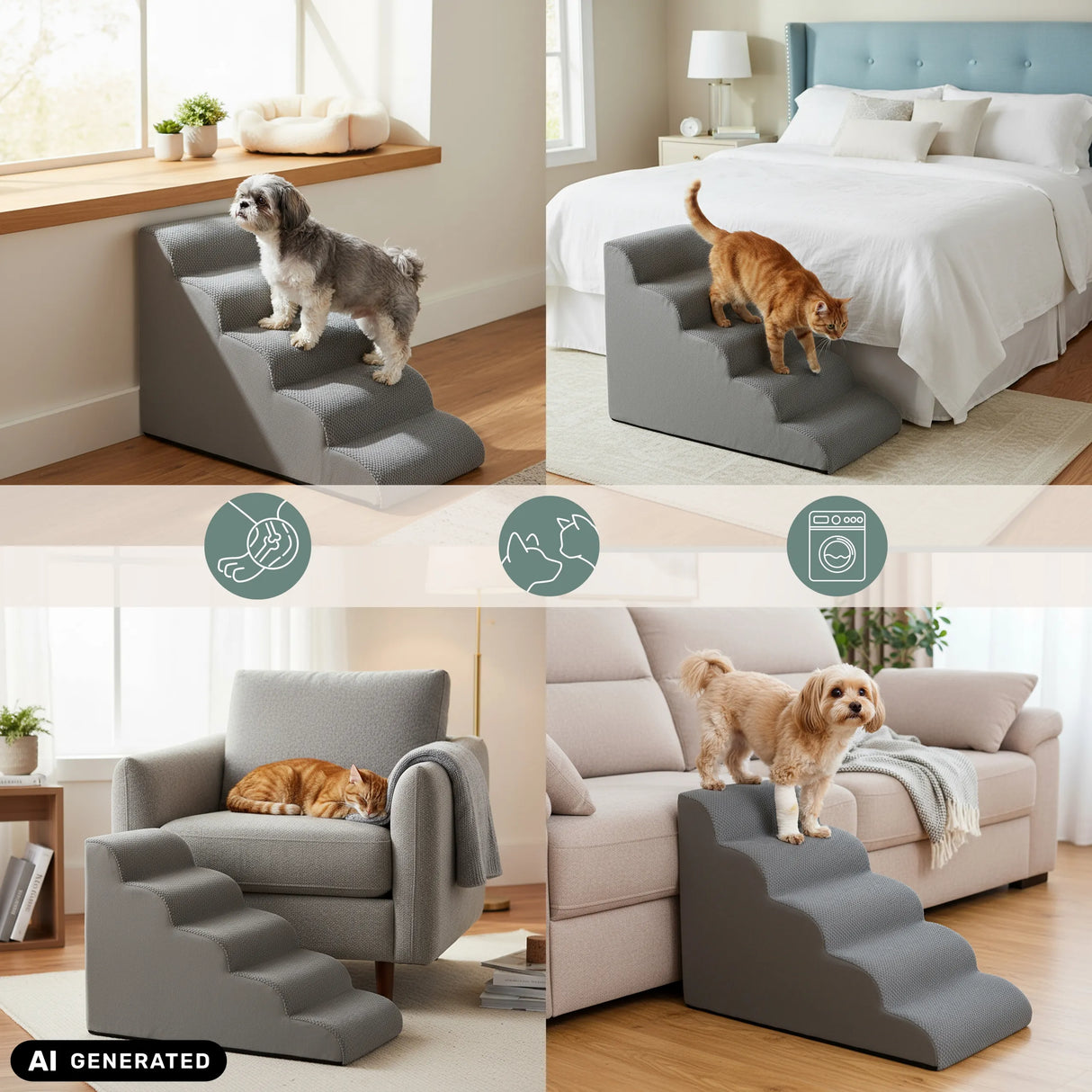 Grey PAWY STEP 5 pet stairs with three steps in various home settings by hjh LIVING (AI-generated image)