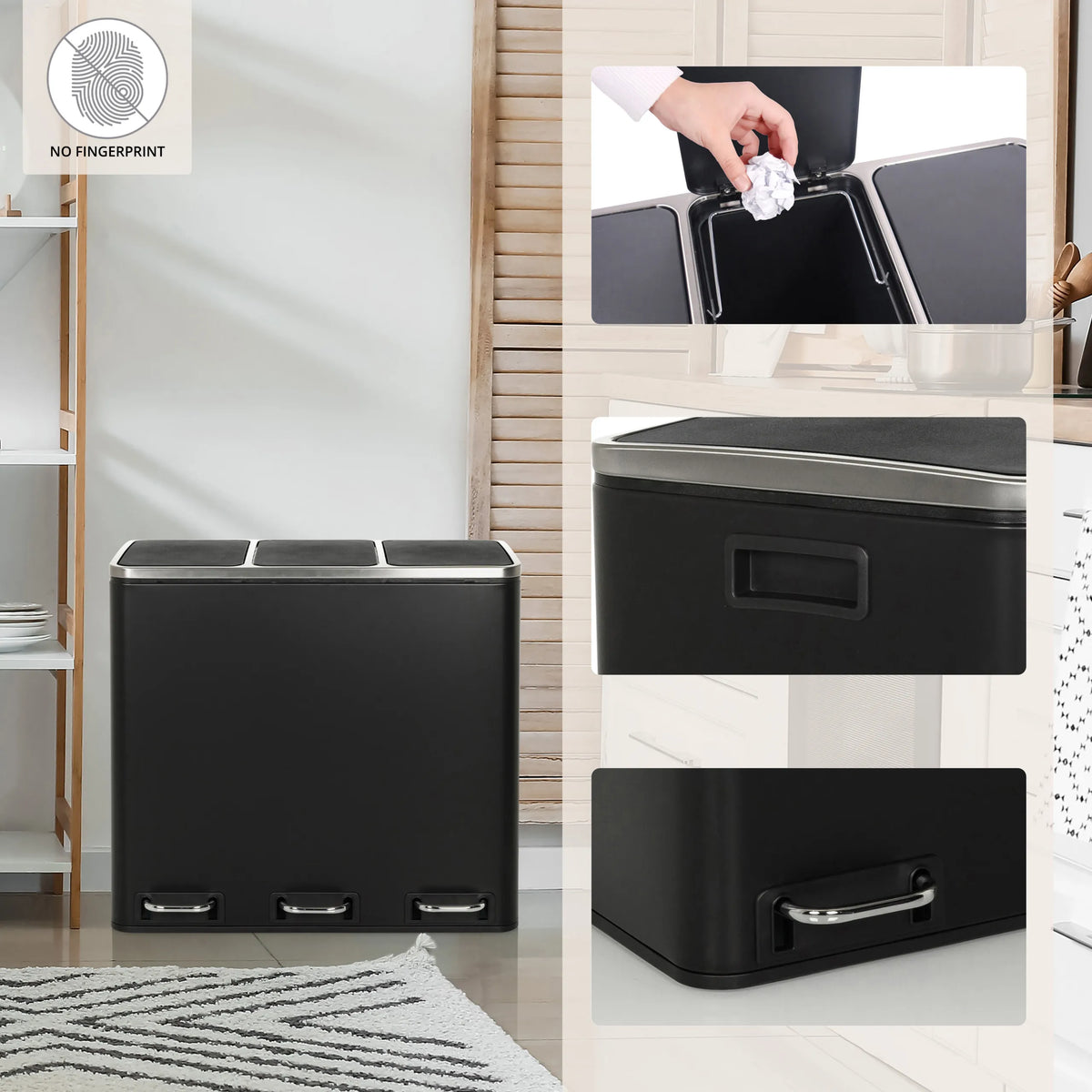 Triple wastepaper Clean 9 in black with three separate flip lids and foot pedals by hjh OFFICE