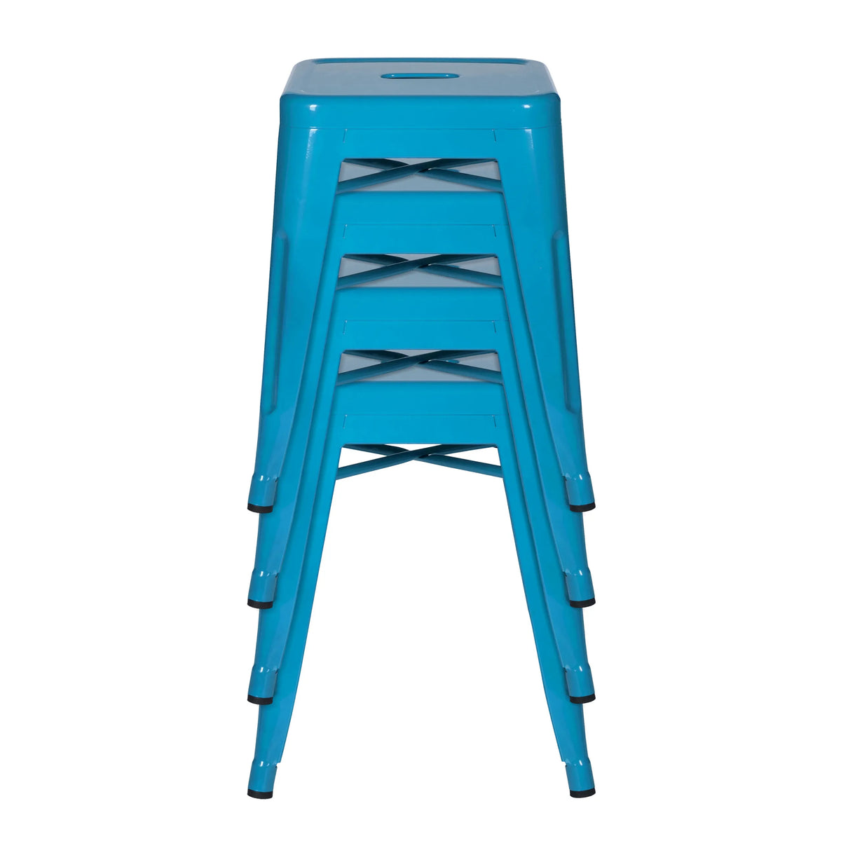 Four stackable light blue Bistro stools VANTAGGIO with black foot caps by hjh OFFICE