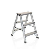 Silver Folding Ladder SOLID made of aluminium with three steps by hjh OFFICE – 360-degree view (front three-quarter view 40°)