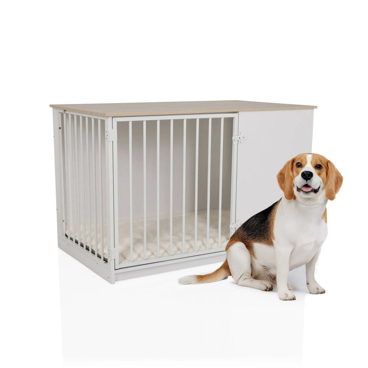 Dog crate PAWHOME XL in white and oak with a grille door and a Beagle sitting in front of it by hjh LIVING
