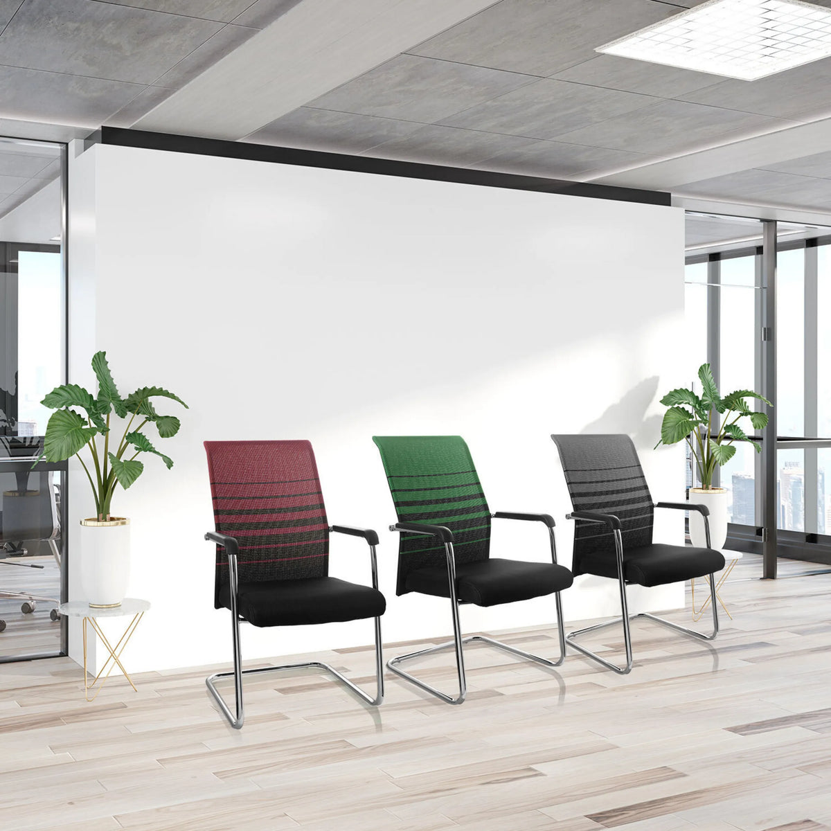 Three FALCONE V cantilever chairs in different colours with armrests and sled base by hjh OFFICE