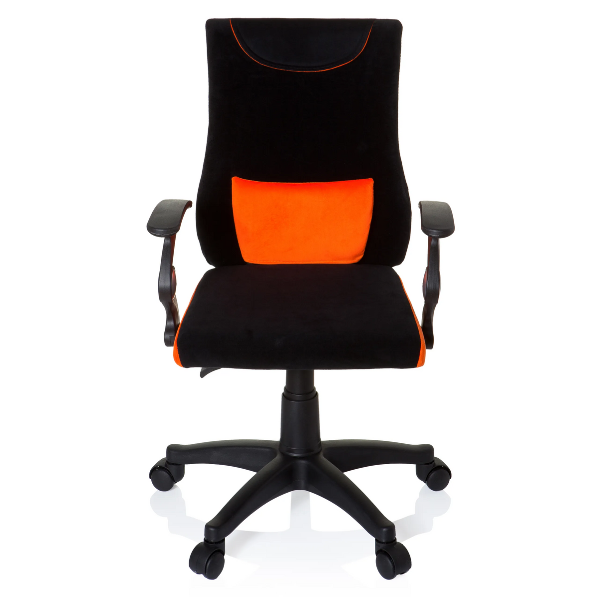 Black and orange Swivel Chair – Children KIDDY PRO AL with lumbar cushion and five-caster base by hjh OFFICE – 360-degree view (front view 0°)