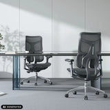 Two black S100-M301 professional office chairs with mesh backrests at a desk by Sihoo (AI-generated image)