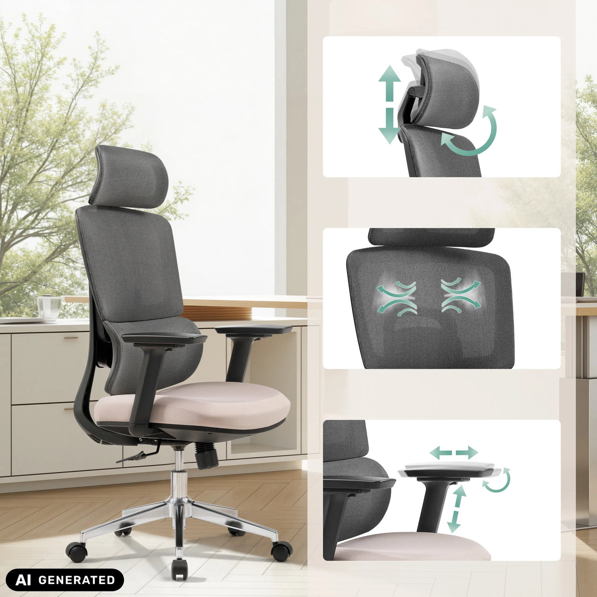 Adjustable headrest and armrest of the Professional Office Chair Ergomy Pro by hjh OFFICE (AI-generated image)