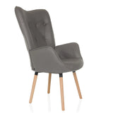Grey Upholstered armchair HAVENIO I with button tufting, armrests and four wooden legs by hjh LIVING – 360-degree view (front three-quarter view 60°)