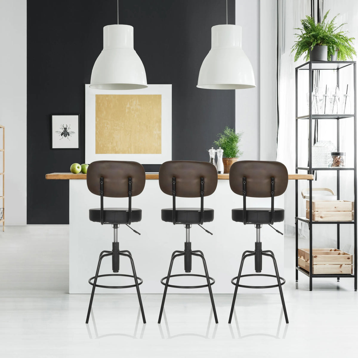 Three black DISC HIGH bar stools with curved backrests and footrests by hjh OFFICE