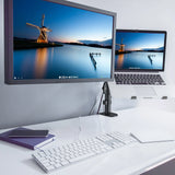 Black VM-MH2 monitor mount with a screen attached on a white desk by hjh OFFICE