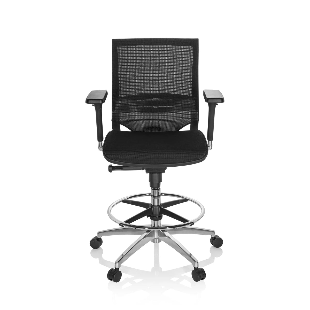 Black Counter chair TOP WORK 78 with mesh back, foot ring and five-caster base by hjh OFFICE – 360-degree view (front view 0°)